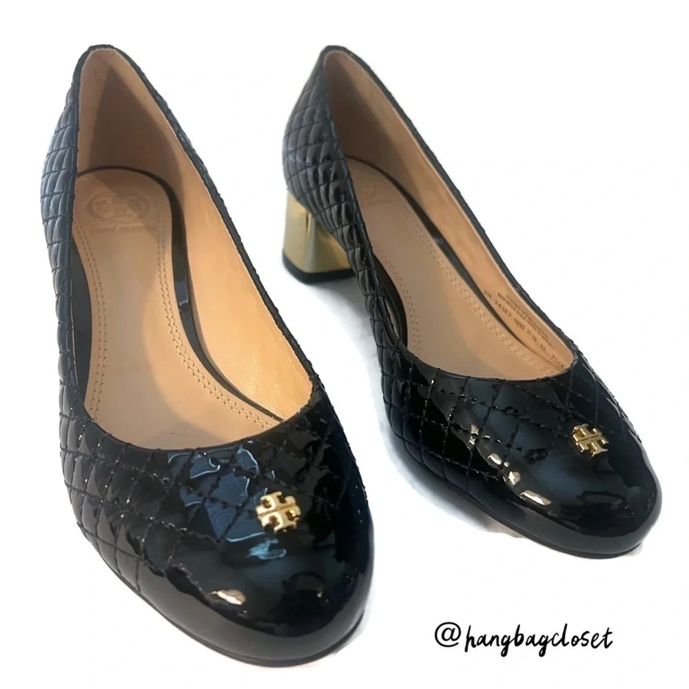 TORY BURCH #33379 Black & Gold Patent Leather Low Heels (US 7.5) Womens Shoes